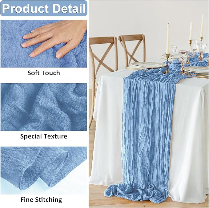 JOYIT 4 Pack Blue Cheesecloth Table Runner 35" x 120" – Boho Table Runner Set for Wedding, Birthday, and Party Decor, Romantic Gauze Table Runner for Rustic and Elegant Tablescapes (Light Blue)