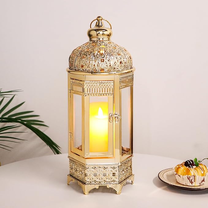 TRIROCKS Moroccan Candle Lantern16'' Gold Hexagonal Candle Holder with Tempered Glass Decorative Indoor Outdoor Ramadan Lantern for Living Room Garden Yard Patio Parties Events (Gold)