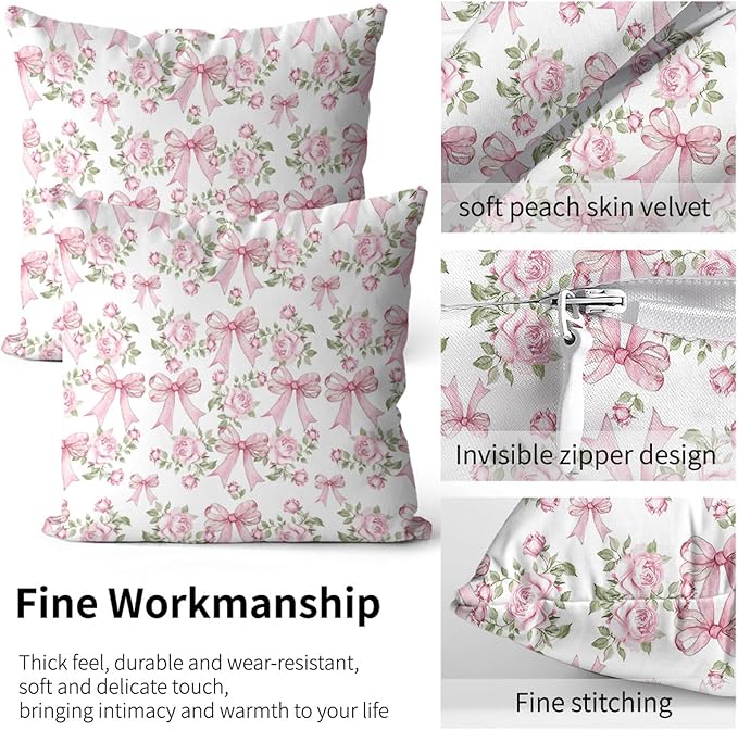 Pink Floral Pillow Protectors with Zipper Standard Size Coquette Bow Print Pillow Covers Set of 2 Vintage Preppy Pillowcases Protector for Girl Woman Pink and White Bed Pillow Covers 30"X20"