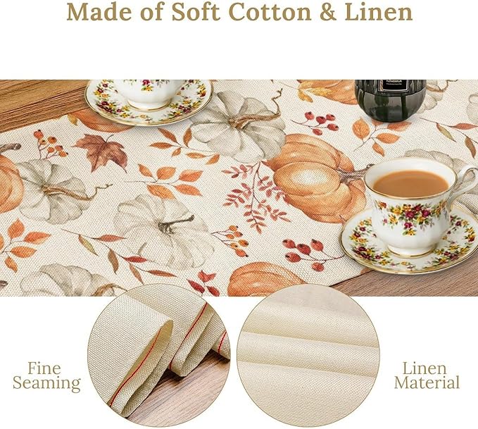 Pumpkin Table Runner Fall Orange White Colorful Leaves Berries Thanksgiving Watercolor Illustration Rustic Decor for Farmhouse Indoor Outdoor Party Holiday Dining Kitchen Restaurant Cafe W13xL72in