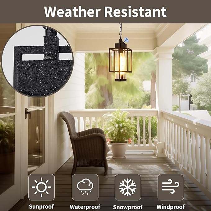 Outdoor Pendant Light, 16" Dusk to Dawn Exterior Chandelier Porch Hanging Light with Clear Glass, Modern Black Outdoor Hanging Lantern for Porchs Gazebo, OS-KY1006