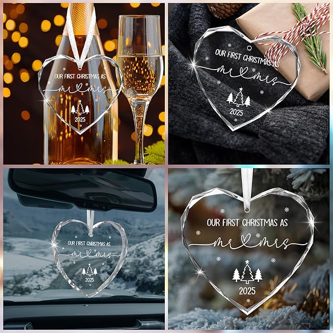 Christmas Wedding Gifts for Couples 2025 - Mr and Mrs - Bridal Shower Gifts for Newlywed Bride - Glass Christmas Birthday Ornaments 2025 with Card, First Christmas Married Ornament