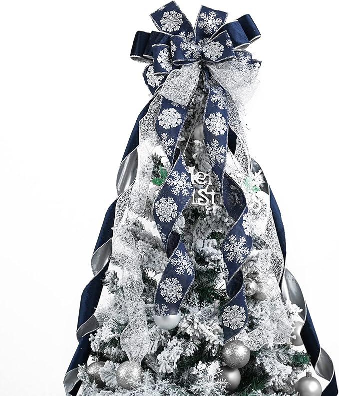 MEEDEE Navy Blue Tree Topper Navy Blue Christmas Tree Topper Bow 12 inch Wide Navy Blue Silver Glitter Yule Tree Wreath Bow Christmas Decorations Silver Snowflake Garland Bow Holiday Lantern (1 Pack)