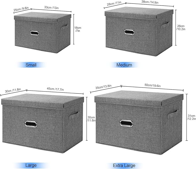 Large Linen Fabric Foldable Storage Bins with Removable Lid and Handles, Washable Storage Box Organizer Containers Baskets Cube with Cover for Bedroom,Office(Black, Extra Large(2-Pack))