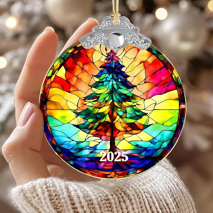 2025 Christmas Ornament, Radiant Tree Stained Glass Ornament, Colorful Acrylic Christmas Tree Decoration, Unique 2025 Christmas Tree Ornament, Xmas Gift for Family and Friends