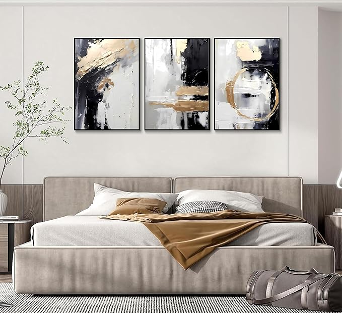 3pcs Black White Gold Canvas Wall Art Abstract Geometric Textured Posters Prints Pictures Paintings with Faux Stucco Finish Modern Beige Minimalist Wall Decor for Living Room Bedroom Bathroom Unframed
