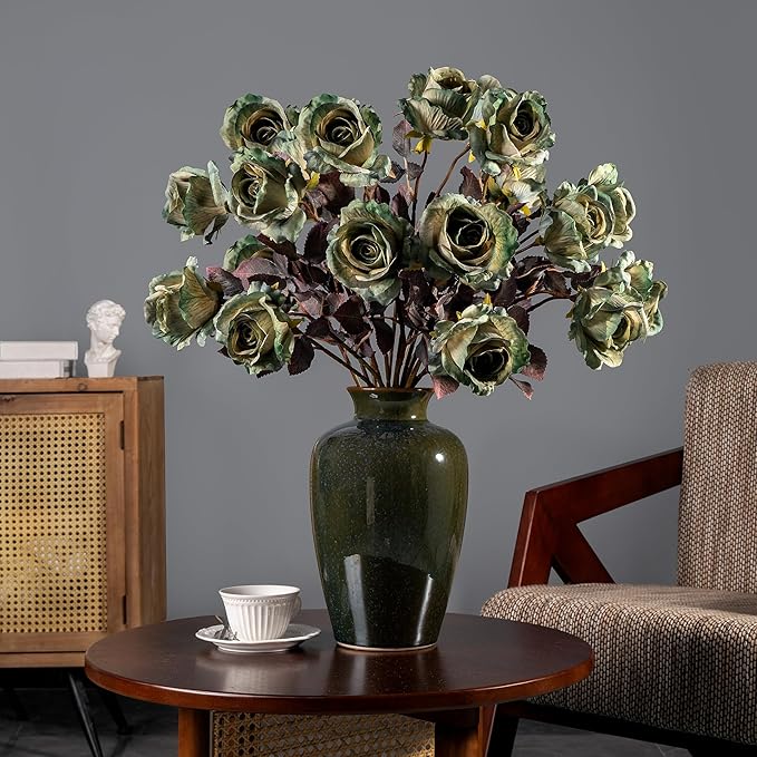 Artificial Flowers Artificial Roses Fake Roses 20PCS Long Stem Artificial Flowers for Tall Vase Silk Rose Suitable for Indoor Decor Wedding Party Decoration DIY Bouquet Autumn,(23.2In,Green)