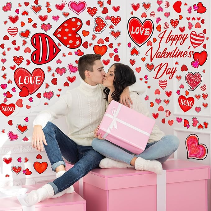 Eersida 214 Pcs Valentine‘s Day Wall Decals Removable Love Heart Wall Stickers Red Heart Window Stickers Wedding Anniversary Romantic Love Decoration for Holiday Kitchen Living Room Home Decor