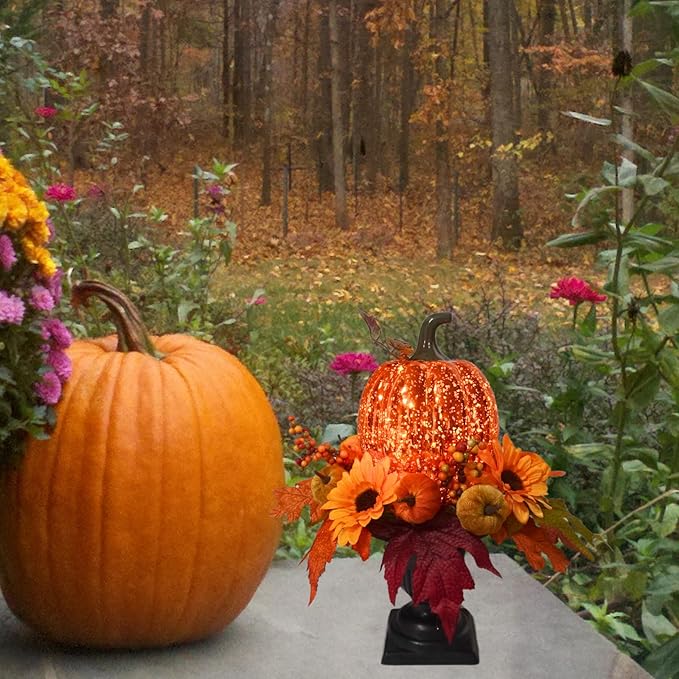 15 Inch Lighted Pumpkin Fall Table Decoration Indoor Outdoor Table Centerpieces,Artificial Pumpkin with Maple Leaves Berries and LED Lights for Fall Table Centerpieces Thanksgiving Decor