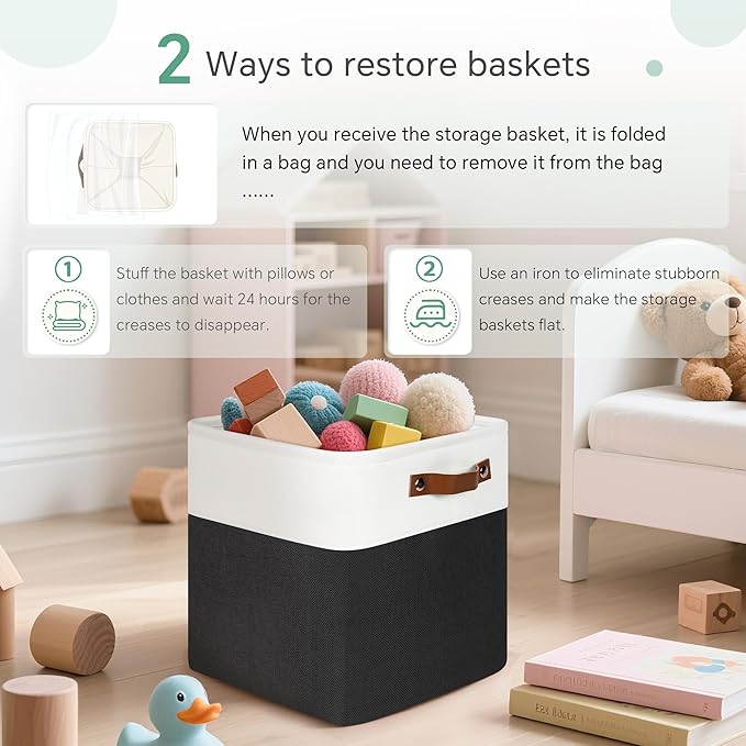 Cube Storage Baskets 6 Pack, 11x11 inch Cube Storage Bins with Leather Handles for Shelf Closet (White/ Black)