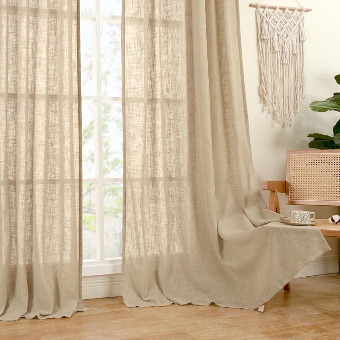 LAMIT Linen Blended Curtains for Bedroom, Faux Linen Textured Light Filtering Drapes Back Tab and Rod Pocket Boho Burlap Panels for Farmhouse/Living Room, 2 Panels, 52 x 72 Inch, Brown