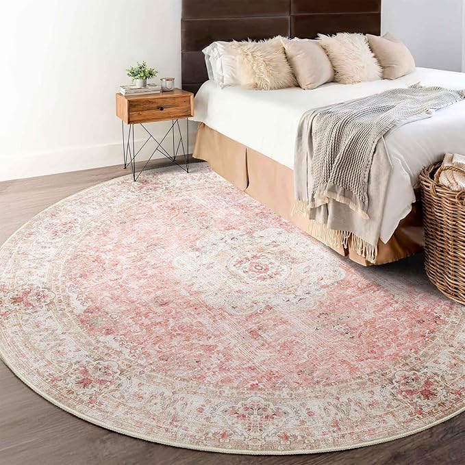 Pink Round Rug 6ft,Large Circle Area Rugs for Bedroom Living Room,Washable Boho Vintage Bohemian Distressed Oriental Floral Carpet Non Slip,Blush