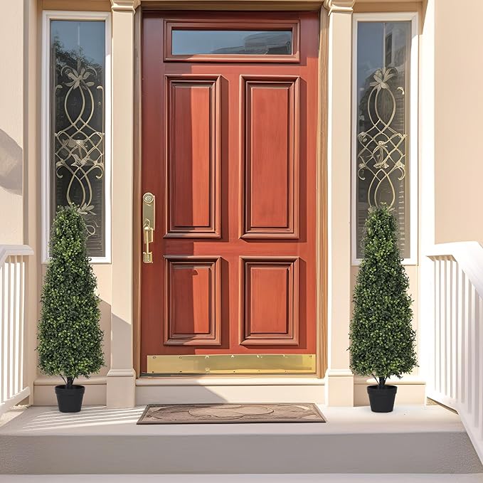 4ft Artificial Boxwood Topiary Trees (Set of 2) - UV Resistant Faux Plants Outdoor, Realistic 48in Fake Potted Bushes and Shrubs for Front Porch, Planter, Patio - Low Maintenance & Evergreen