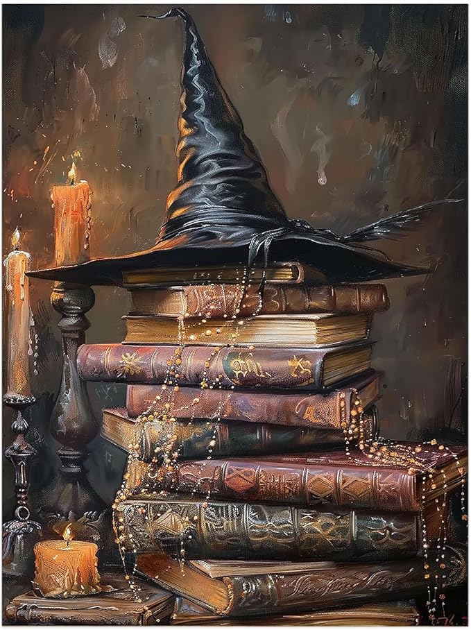 Vintage Cottage Witchy Hat And Magic Books Canvas Print, Witch Painting, Halloween Wall Art, Bedroom Dorm Decor - 12x16inch Unframed