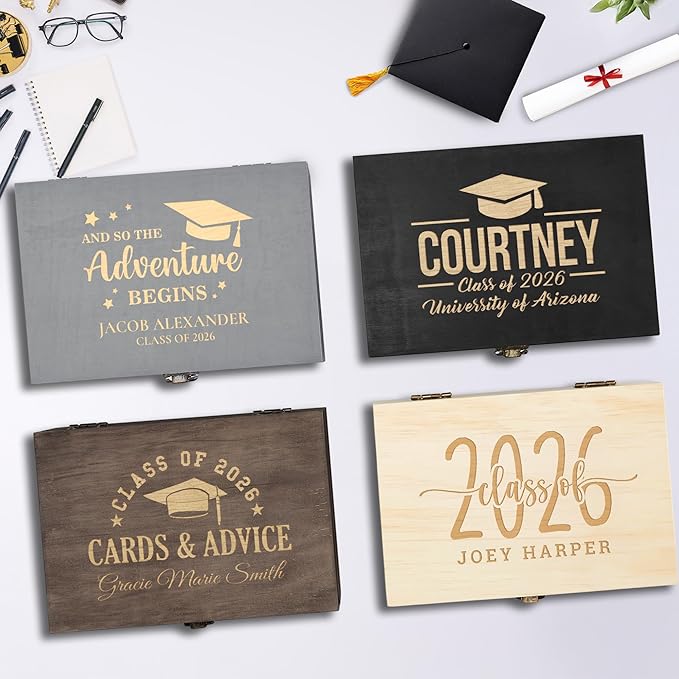 Personalized Graduation Keepsake Box 2026 Custom Engraved Wooden Memory Box High School College Graduates Cap and Gown Storage Boxes - Graduation Gifts for Him Her