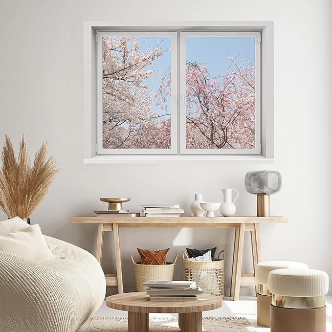 SIGNWIN Removable Wall Sticker/Wall Mural Window Blooming Pink and White Trees Against Clear Blue Sky Photography Realism Decorative Landscape Digital Art for Living Room, Bedroom, Office - 36"x48"