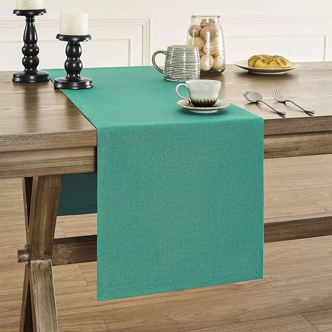 ZeeMart Basic Linen Style Table Runner, 14 x 108 Inch Teal Chambray, Rustic Farmhouse Teal Table Runners 108 Inches Long, Everyday Polyester Table Runner - Machine Washable & Easy Care