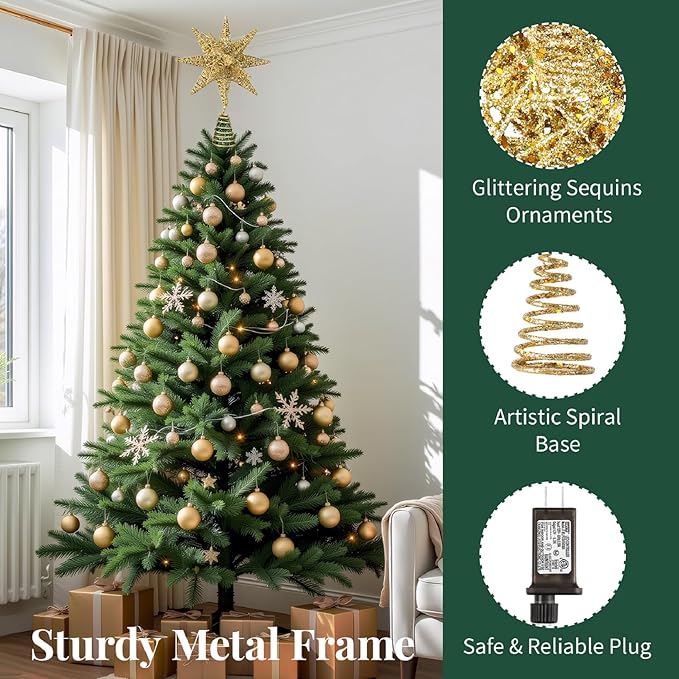 Lewondr Christmas Tree Topper, Plug in 3D Starburst Xmas Lighted Star Tree Topper, Remote Control & Timer Light Up Vintage Moravian Tree Topper for Christmas Decoraiton, Colorful Light, Gold