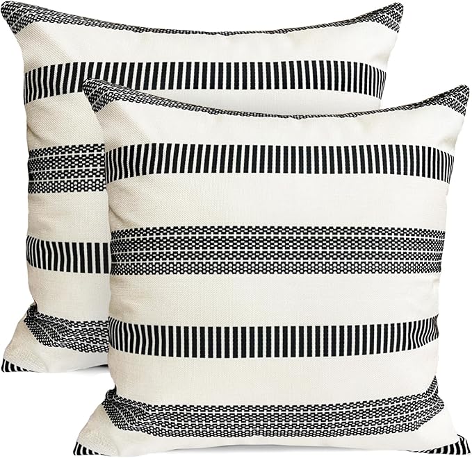 Decorative Throw Pillow Covers Set of 2 Black Boho Striped Pillow Covers 16x16 Inch Throw Pillow Cover Linen Pillowcase Farmhouse Outdoor Pillow Covers for Couch Sofa Bed Living Room