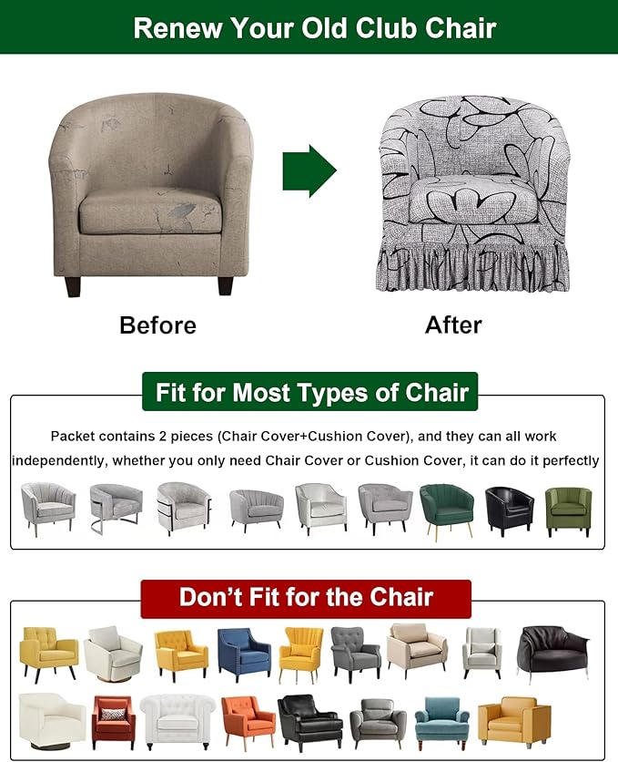 CRFATOP 2 Piece Club Chair Slipcover with Skirt Printed Tub Armchair Covers with Seat Cushion Cover Soft Printed Round Barrel Furniture Protector for Bar Counter Living Room,C12