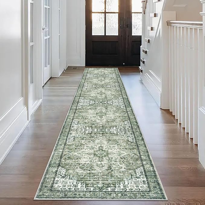 2.6x14 Washable Rug for Entryway, Green Soft Printed Area Rug, Non-Slip Kitchen Rugs, Low-Pile Medallion Indoor Door Mat, Small Farmhouse Carpet for Entrance Kitchen Foyer Bedside