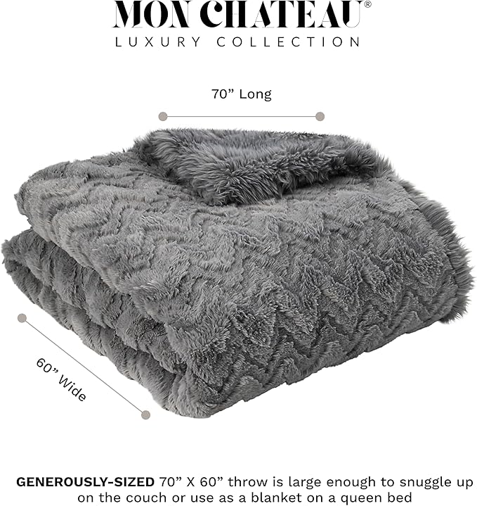 Mon Chateau 60" x 70" Hearthside Faux Fur Throw Blanket, Reversible Soft Blanket for Queen-Size Bed, Couch, or Sofa, Cozy Home Decor and Stylish Living Room Comfort, Winter Cream (Fog Stone Jacquard)