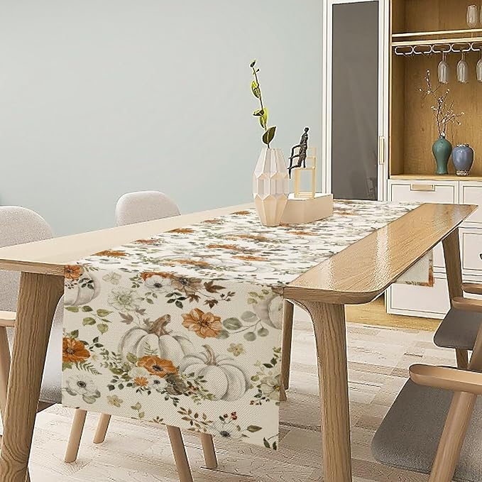 Fall Pumpkin Table Runner Rustic Floral Watercolor Plants White Vegetables Flowers Pastoral Theme Home Decor for Farmhouse Indoor Outdoor Party Holiday Dining Kitchen Restaurant Cafe W13xL108in