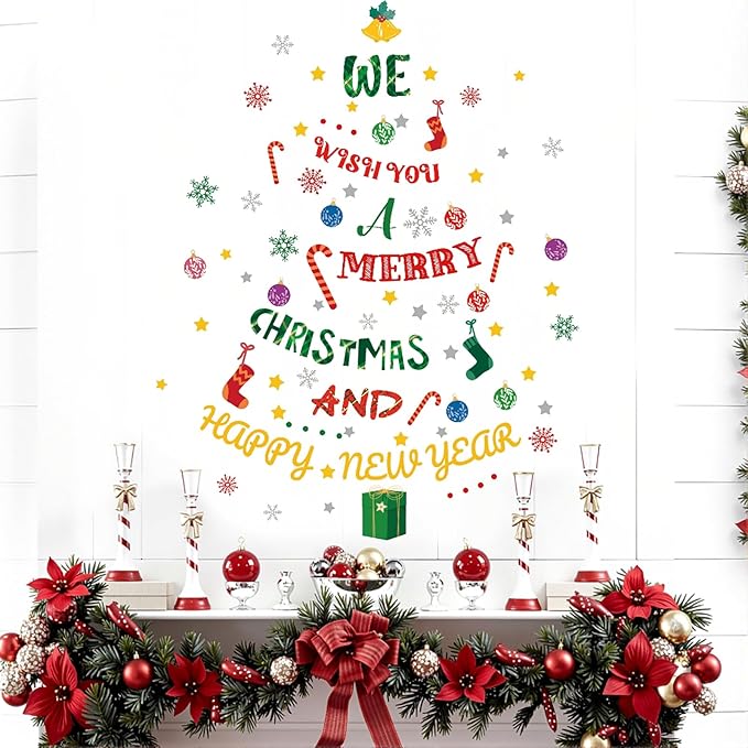 Christmas Tree Wall Stickers,Xmas Tree Wall Decals,Merry Christmas Window Clings, Snowman Wallpaper Snowflake for Party Class Home Living Room Bedroom