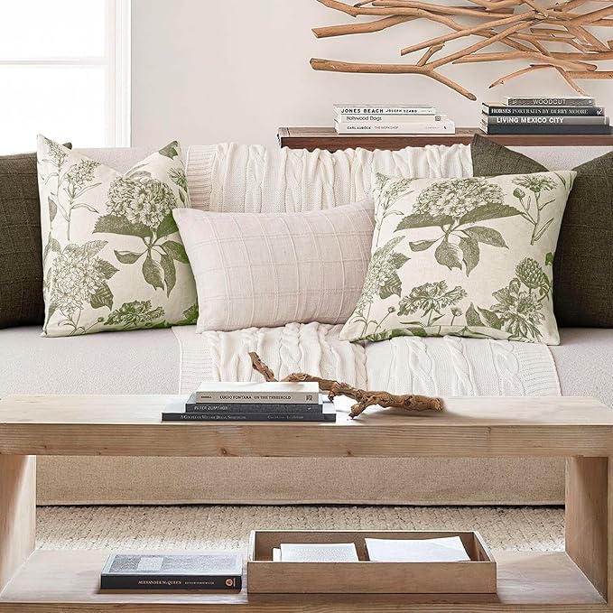 Foindtower Set of 2 Linen Floral Throw Pillow Covers Neutral Vintage Print Decorative Cushion Covers Farmhouse Boho Home Decor for Sofa Chair Couch Bedroom Living Room,22×22 Inch,Sage Green