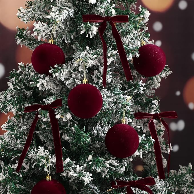 Syhood 46 Pcs Velvet Christmas Ornaments 3.15 Inch Large Christmas Balls Flocked Bows Velvet Ribbon Burgundy Xmas Tree Ornaments Decorations for Xmas Holiday Decor