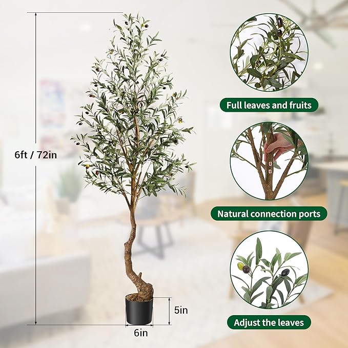 6 Ft Artificial Olive Trees, Indoor Outdoor Artificial Tree Fake Potted Silk Plant Faux Olive Tree with Trunk and Fruits, Large Olive Plants for Living Room Home House Office Decor