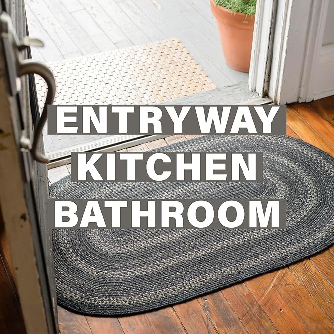Jet Black Braided Rugs 27x45 – Primitive Style Gray and Black Indoor Entryway Rug