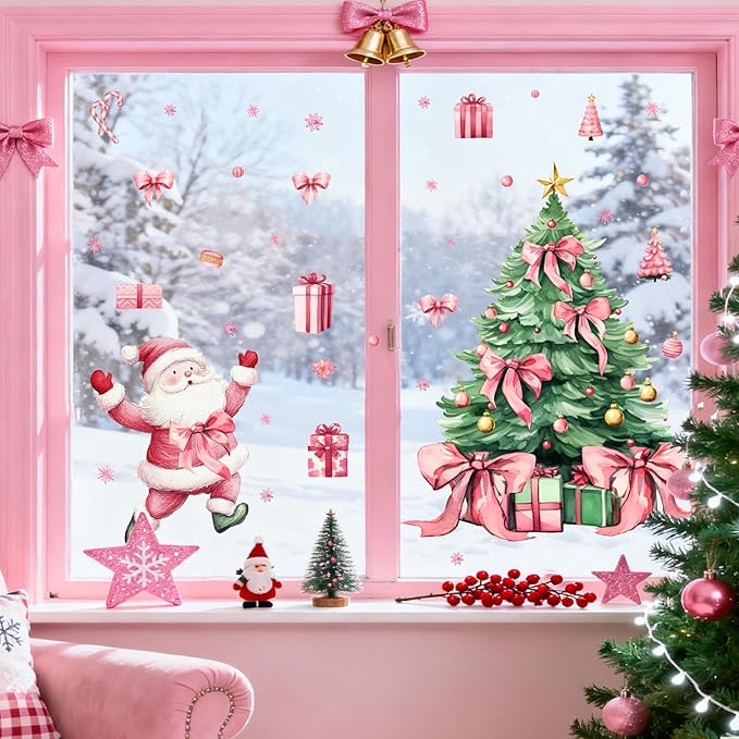 Christmas Decoration Window Decals Pink Bow Xmas Tree Window Clings Indoor Decor Removable Santa Claus Static Cling for Glass Double-Sided Snowflake Glass Sticker for 2026 New Year Living Room Supply