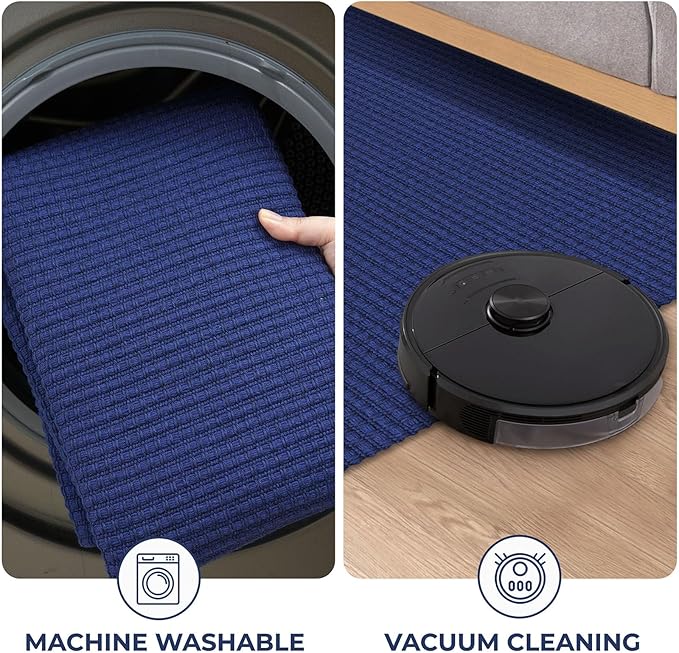 KOZYFLY Long Runners for Hallways 2.6x12 ft Washable Kitchen Runner Non Slip Rubber Backed Hallway Rugs Cotton Entryway Runner Rug Floor Carpet for Indoor Hall, Backdoor, Kitchen, Royal Blue/Navy