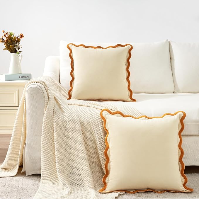 MONDAY MOOSE Decorative Throw Pillow Covers Cushion Cases, Set of 2 Soft Velvet Scalloped Wavy Edge Designs, Mix and Match for Home Decor, Pillow Inserts Not Included (16x16 inch, Honey/Cream)
