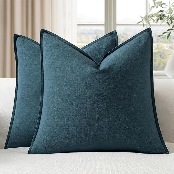 EMEMA Decorative Linen Throw Pillow Covers 24x24 Inch Navy Blue Boho Farmhouse Neutral Couch Throw Pillows for Bed Pack of 2 Accent Pillowcase Modern Sofa Cushion Livingroom Home