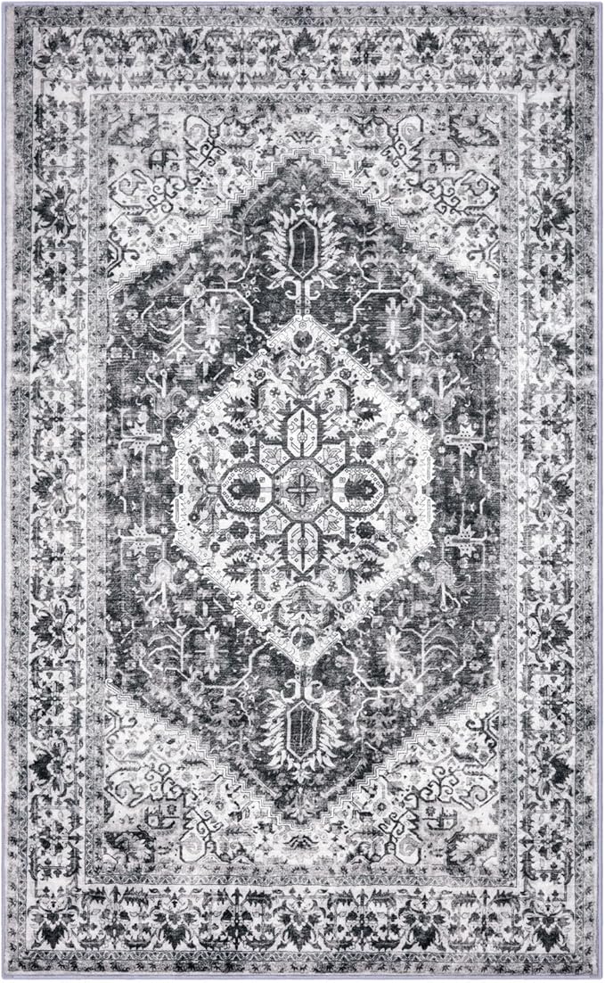 KOZYFLY Boho Area Rug 5x7 Ft Thin Rugs for Living Room Washable Bedroom Rug Non Slip Rugs for Living Room Printed Faux Wool Bedroom Rug Floor Carpet for Dining Room, Grey