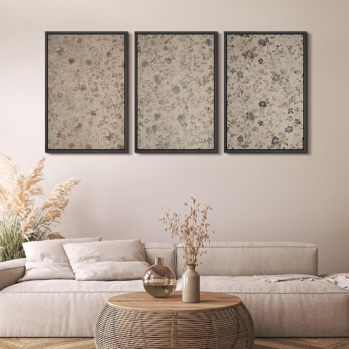 MUDECOR Framed Wall Art Print Set Vintage Floral Botanical in Neutral Tones Illustrations Realism Decorative for Living Room, Bedroom, Office - 16"x24"x3 Black