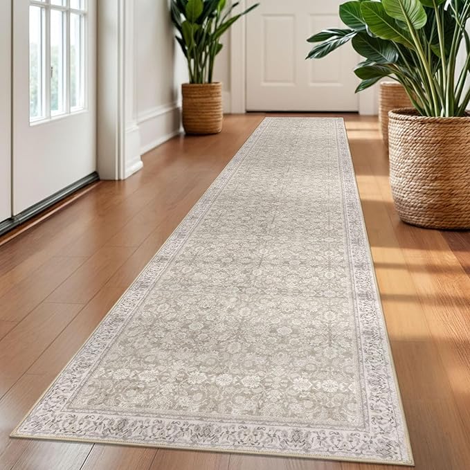 2x10 Washable Runner Rug for Kitchen, Cream Beige White Grey Soft Classic Runner with Non-Slip, Non-Shedding Distressed Floral Rug for Hallways Entryway Bedroom Laundry Indoor