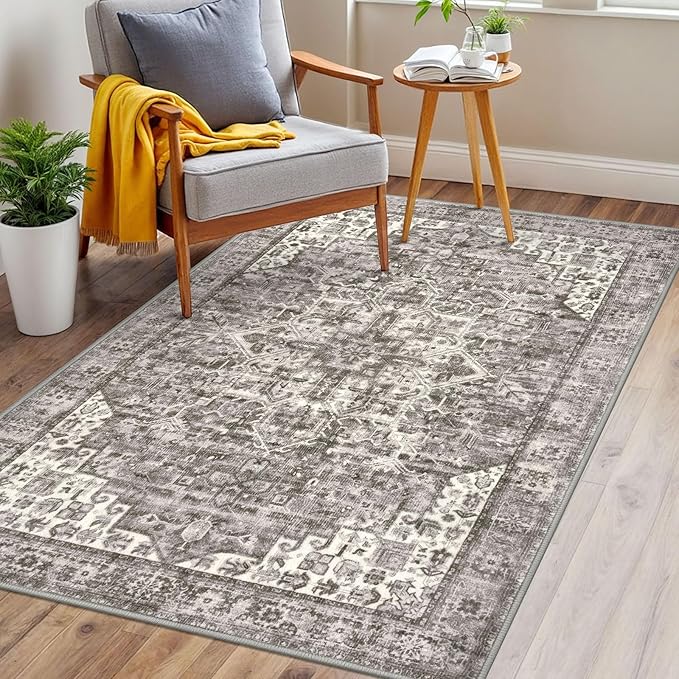 3x5 Washable Area Rugs for Entryway, Taupe Soft Medallion Printed Area Rug with Non-Slip, Low-Pile Vintage Boho Carpet for Living Room Bedroom Dining, Dorm Throw with Non-Shedding