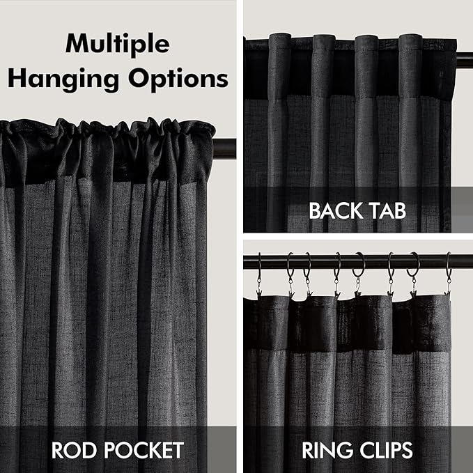 Black Linen Curtains 108 inches Long 2 Panel Set for Living Room Back Tab Light Filtering Semi Sheer Flax Linen Textured Extra Long Ceiling to Floor Window Drapes For Large Window Hallway Office