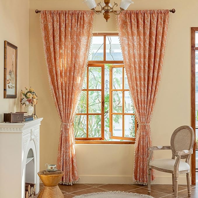 OYX Orange Curtains 96 Inch Length Boho Farmhouse Printed Floral Curtains for Bedroom 2 Panels, Burnt Semi Sheer Vintage Rustic Drapes for Living Room, Rod Pocket Tassel Decor Window Treatment