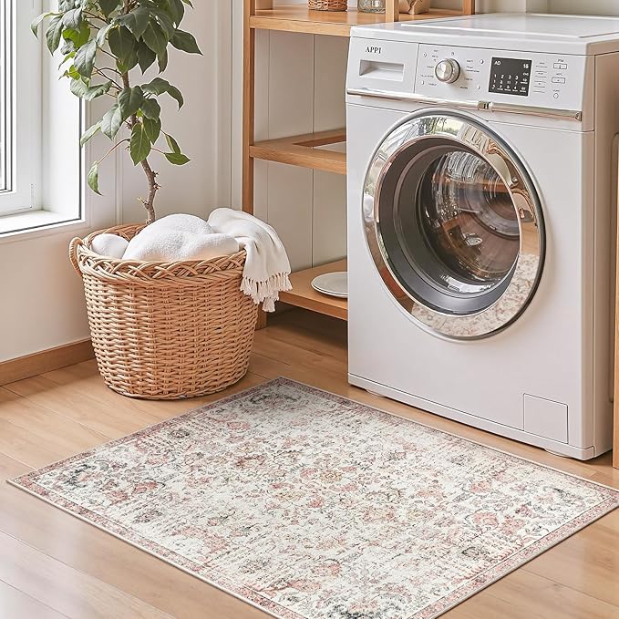 jinchan Kalen Area Rug 2x3 Washable Entryway Rug Vintage Doormat Indoor Entrance Lightweight Thin Retro Distressed Door Mat Floral Print Country Boho Non Slip Carpet for Bathroom Bedroom Red Multi