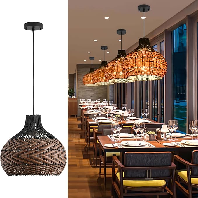 3-Light Rattan Pendant Light,15" Hand-Woven Black Brown Faux Rattan Hanging Light Boho 1-Pack Wicker Basket Chandelier,for Living Room Bedroom Kitchen Dining Farmhouse