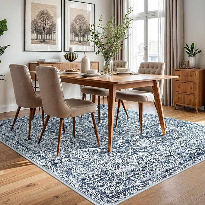 KUTA Area Rug 5x7 Blue White, Vintage Washable Rugs for Living Room Ultra Soft Non-Slip Printed Distressed Tribal Traditional Farmhouse Carpet for Bedroom Dining Room Dorm Office Home Decor