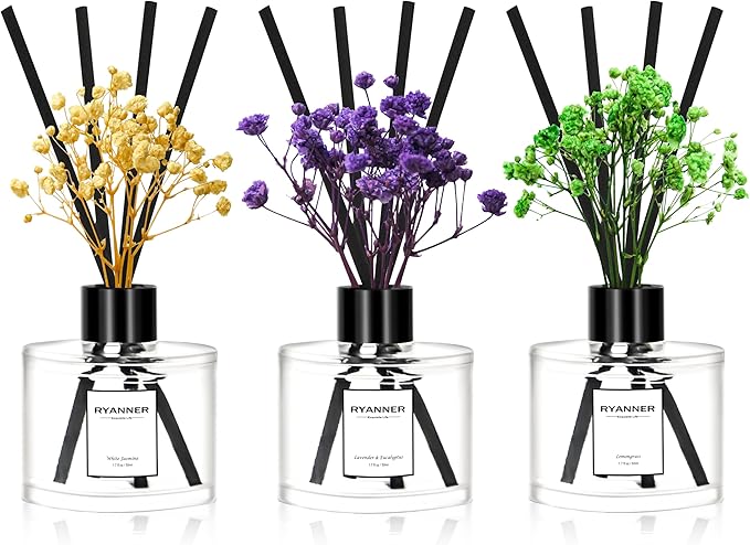 Reed Diffuser Set of 3 Pack,Lavender Eucalyptus/White Jasmine/Lemongrass Scented Oil Diffuser with 12 Sticks(1.7 fl oz Each Pack),Air Freshener for Bedroom Bathroom Office | Shelf Decor