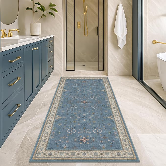 Boho 2x5 Kitchen Rugs Non Slip - Washable Blue Runner Rug for Bedroom Beside Bed, Laundry Room, Hallway, Non Slip with Rubber Backing, Floral Eclectic Unique Runner Décor