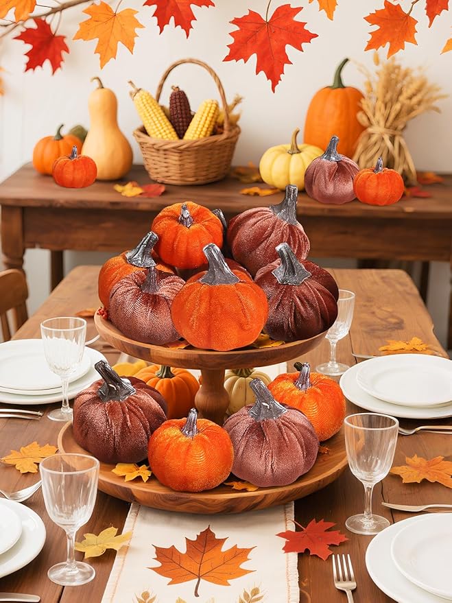 12pcs Fall Pumpkins Decor Set,Artificial Mini Pumpkins for Decorating, Velvet Mixed Color Fall Pumpkin Decorations for Thanksgiving Harvest Table Centerpieces Home Decor(Orange& Brown)