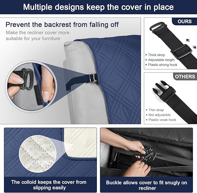 TAOCOCO Waterproof Recliner Chair Cover, Non Slip Oversized Recliner Covers for Recliner Chair with Pocket, Reclining Chair Cover Furniture Protector for Kids, Pets(Oversized Recliner, Ocean Blue)