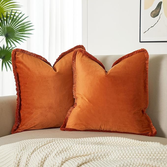 JUSPURBET Pack of 2 Rust Decorative Fringe Velvet Throw Pillow Covers 22x22 for Home Decor Living Room Bedroom Car Boho Soft Cushion Cover with Hidden Zipper Machine Washable